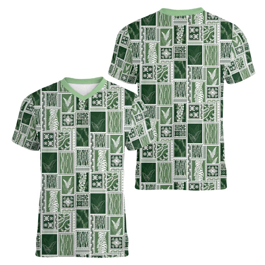 Vintage Aloha Block Quilt Women V-Neck T-Shirt Green Inspired Lei Motifs - Polynesian Pride