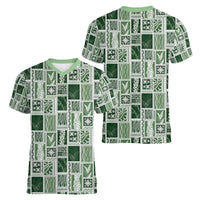 Vintage Aloha Block Quilt Women V-Neck T-Shirt Green Inspired Lei Motifs - Polynesian Pride