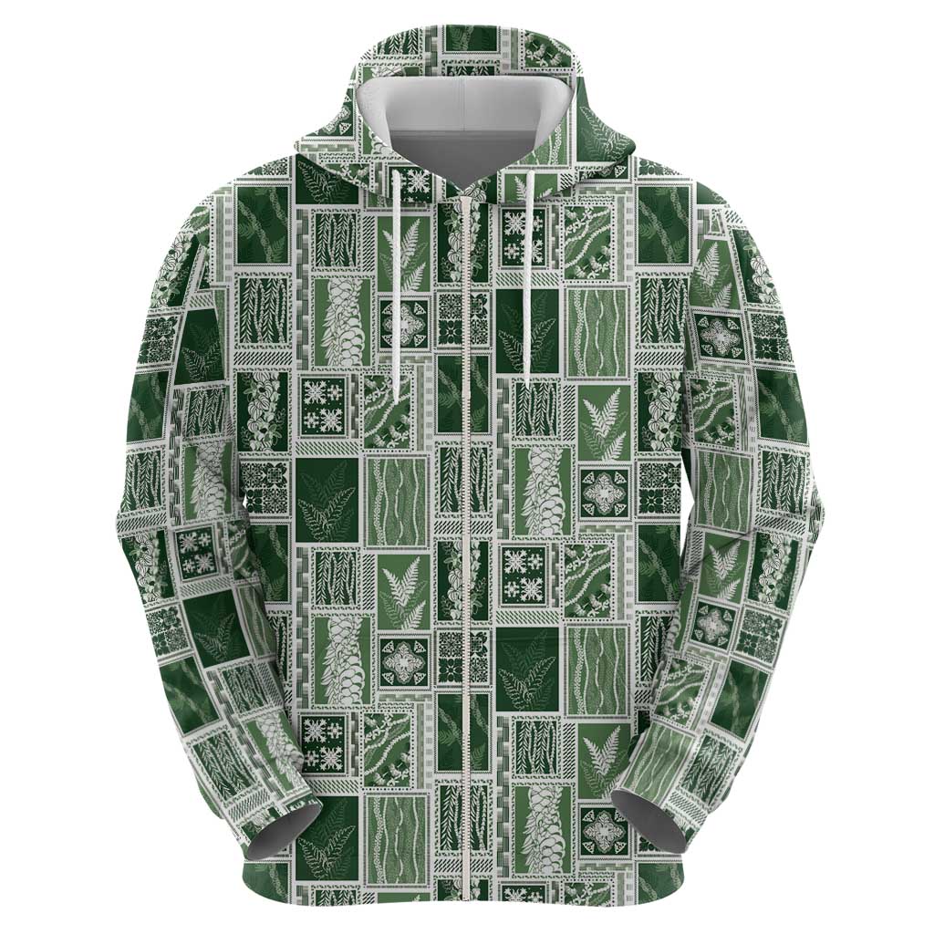 Vintage Aloha Block Quilt Zip Hoodie Green Inspired Lei Motifs - Polynesian Pride