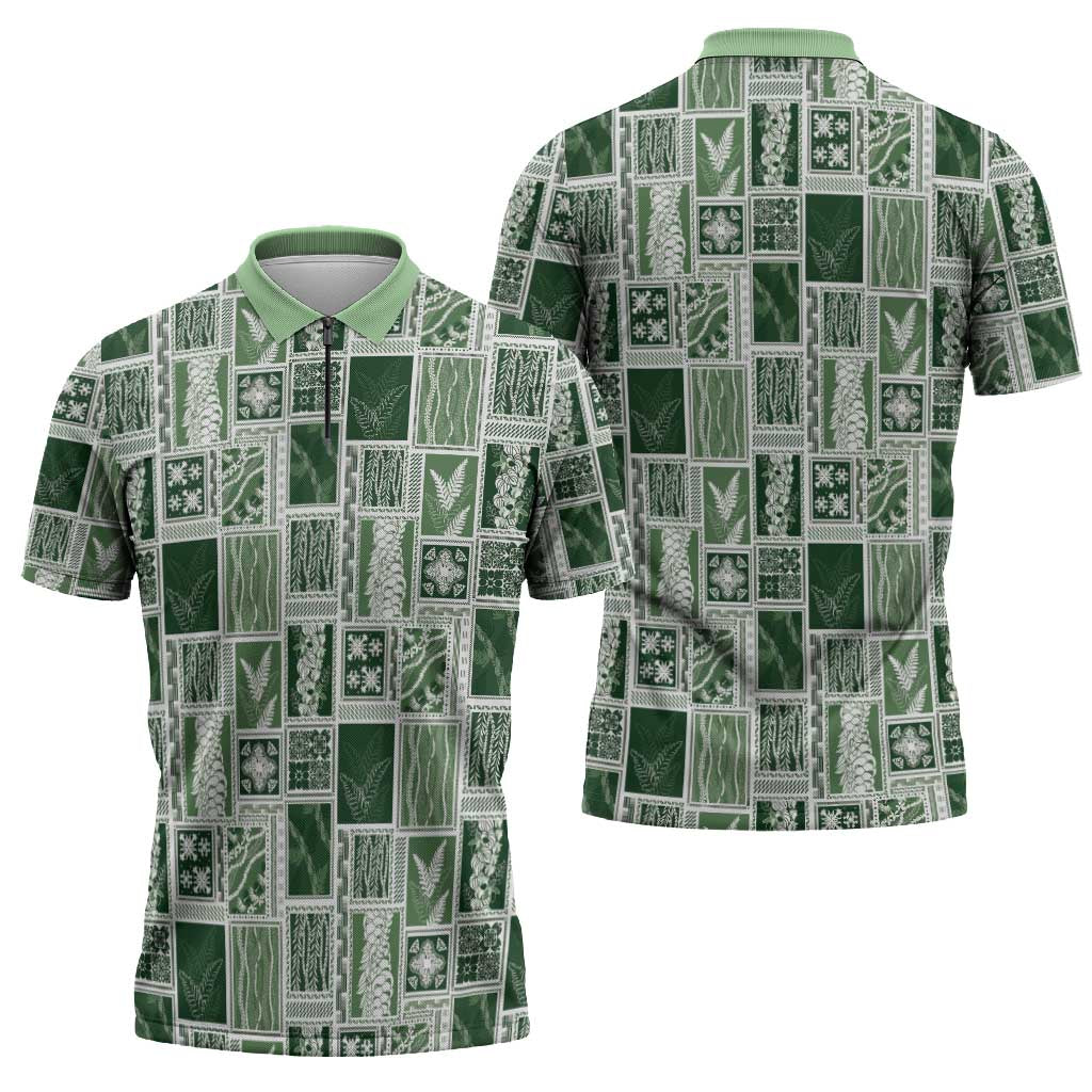 Vintage Aloha Block Quilt Zipper Polo Shirt Green Inspired Lei Motifs - Polynesian Pride
