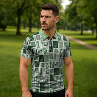 Vintage Aloha Block Quilt Zipper Polo Shirt Green Inspired Lei Motifs - Polynesian Pride