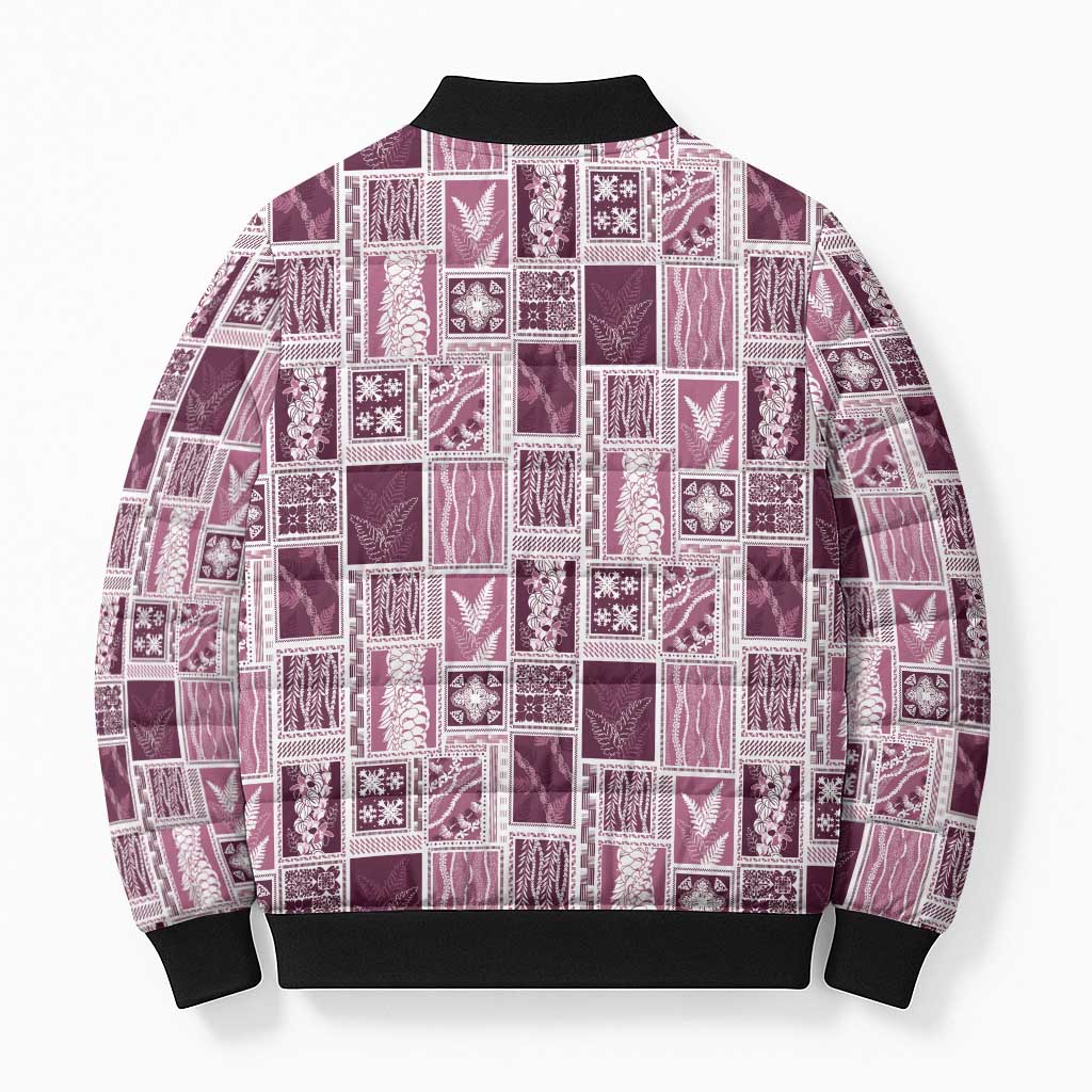 Vintage Aloha Block Quilt Bomber Puffer Jacket Pink Inspired Lei Motifs - Polynesian Pride