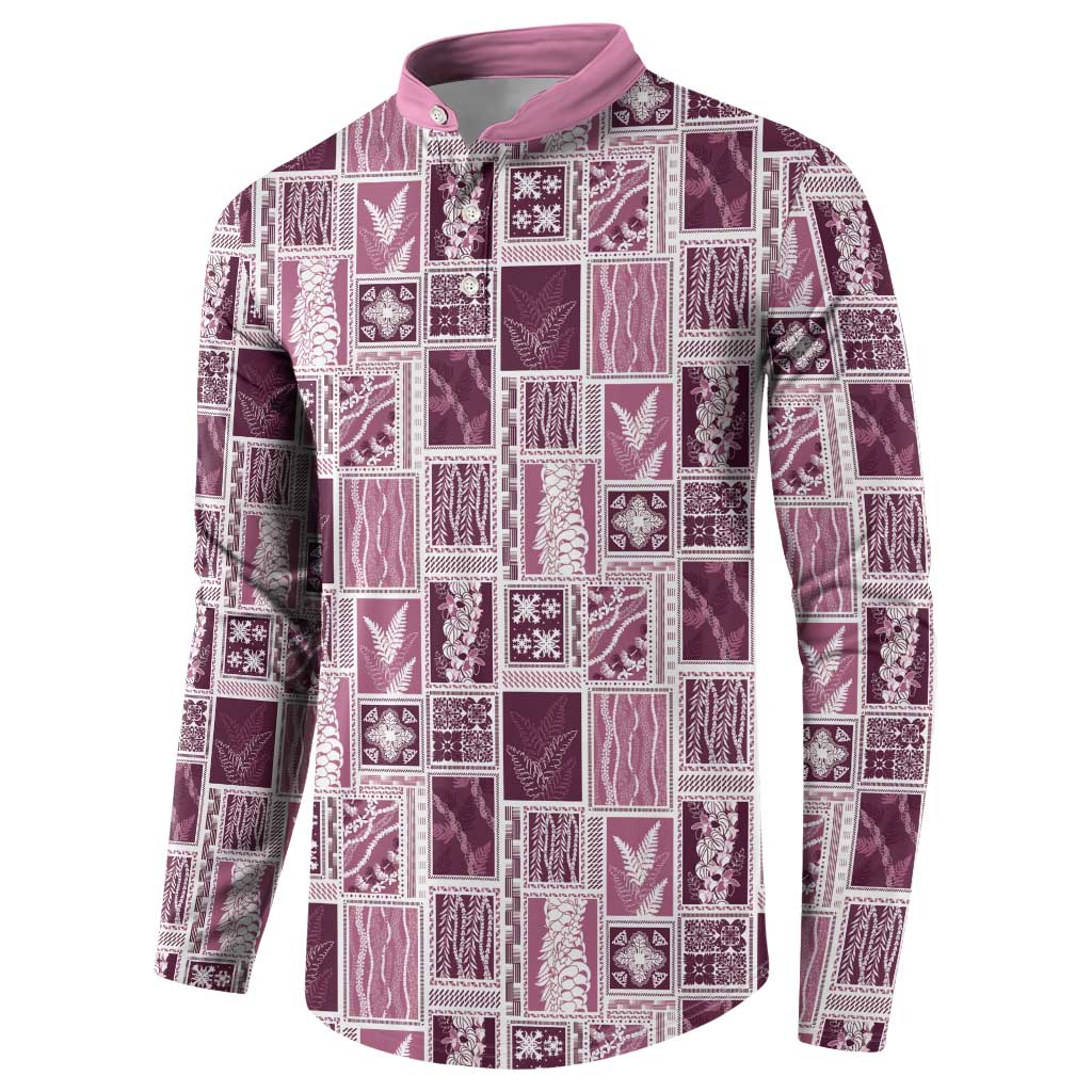 Vintage Aloha Block Quilt Button Sweatshirt Pink Inspired Lei Motifs - Polynesian Pride