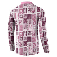 Vintage Aloha Block Quilt Button Sweatshirt Pink Inspired Lei Motifs - Polynesian Pride