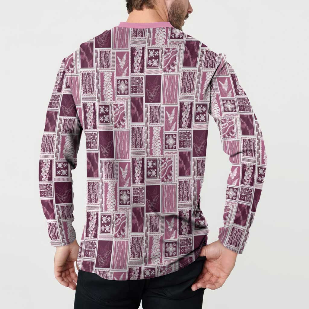 Vintage Aloha Block Quilt Button Sweatshirt Pink Inspired Lei Motifs - Polynesian Pride