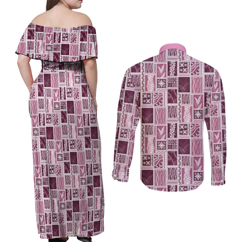 Vintage Aloha Block Quilt Couples Matching Off Shoulder Maxi Dress and Long Sleeve Button Shirt Pink Inspired Lei Motifs - Polynesian Pride