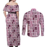 Vintage Aloha Block Quilt Couples Matching Off Shoulder Maxi Dress and Long Sleeve Button Shirt Pink Inspired Lei Motifs - Polynesian Pride