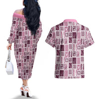 Vintage Aloha Block Quilt Couples Matching Off The Shoulder Long Sleeve Dress and Hawaiian Shirt Pink Inspired Lei Motifs - Polynesian Pride