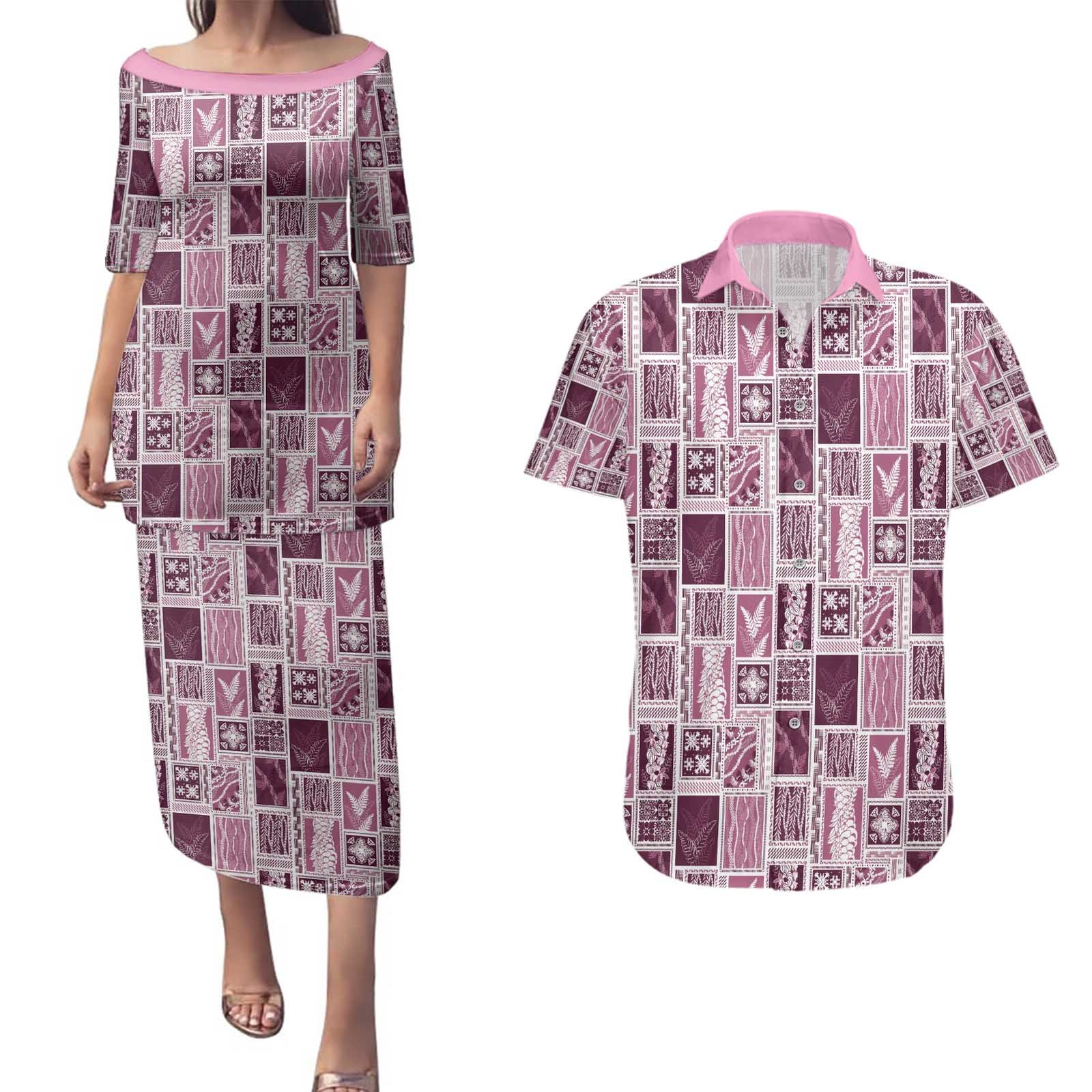 Vintage Aloha Block Quilt Couples Matching Puletasi and Hawaiian Shirt Pink Inspired Lei Motifs - Polynesian Pride
