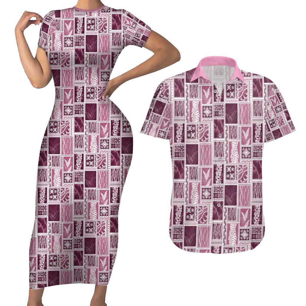 Vintage Aloha Block Quilt Couples Matching Short Sleeve Bodycon Dress and Hawaiian Shirt Pink Inspired Lei Motifs - Polynesian Pride