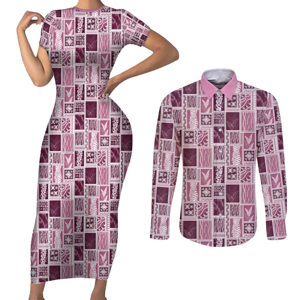 Vintage Aloha Block Quilt Couples Matching Short Sleeve Bodycon Dress and Long Sleeve Button Shirt Pink Inspired Lei Motifs - Polynesian Pride