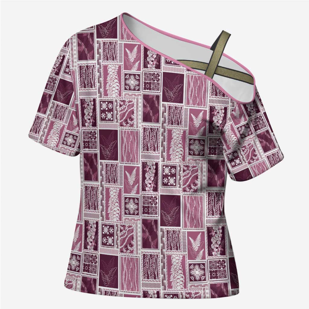 Vintage Aloha Block Quilt Cross Shoulder Shirt Pink Inspired Lei Motifs - Polynesian Pride