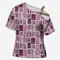 Vintage Aloha Block Quilt Cross Shoulder Shirt Pink Inspired Lei Motifs - Polynesian Pride
