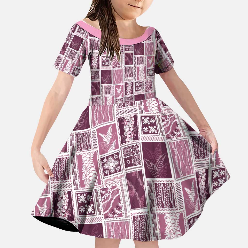 Vintage Aloha Block Quilt Family Matching Long Sleeve Bodycon Dress and Hawaiian Shirt Pink Inspired Lei Motifs - Polynesian Pride