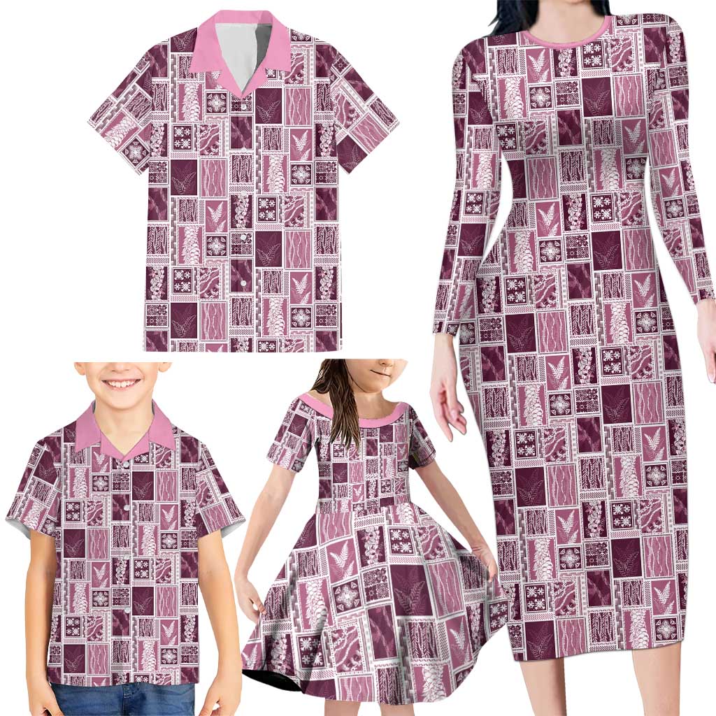 Vintage Aloha Block Quilt Family Matching Long Sleeve Bodycon Dress and Hawaiian Shirt Pink Inspired Lei Motifs - Polynesian Pride