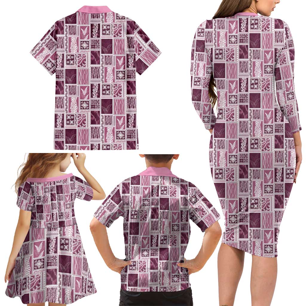 Vintage Aloha Block Quilt Family Matching Long Sleeve Bodycon Dress and Hawaiian Shirt Pink Inspired Lei Motifs - Polynesian Pride