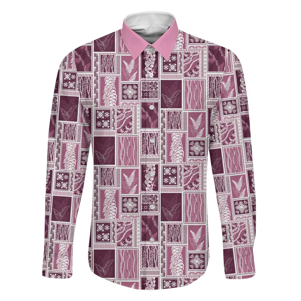 Vintage Aloha Block Quilt Family Matching Long Sleeve Bodycon Dress and Hawaiian Shirt Pink Inspired Lei Motifs - Polynesian Pride