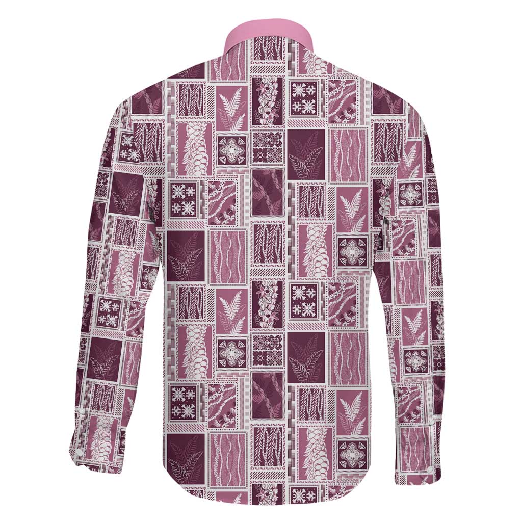 Vintage Aloha Block Quilt Family Matching Long Sleeve Bodycon Dress and Hawaiian Shirt Pink Inspired Lei Motifs - Polynesian Pride