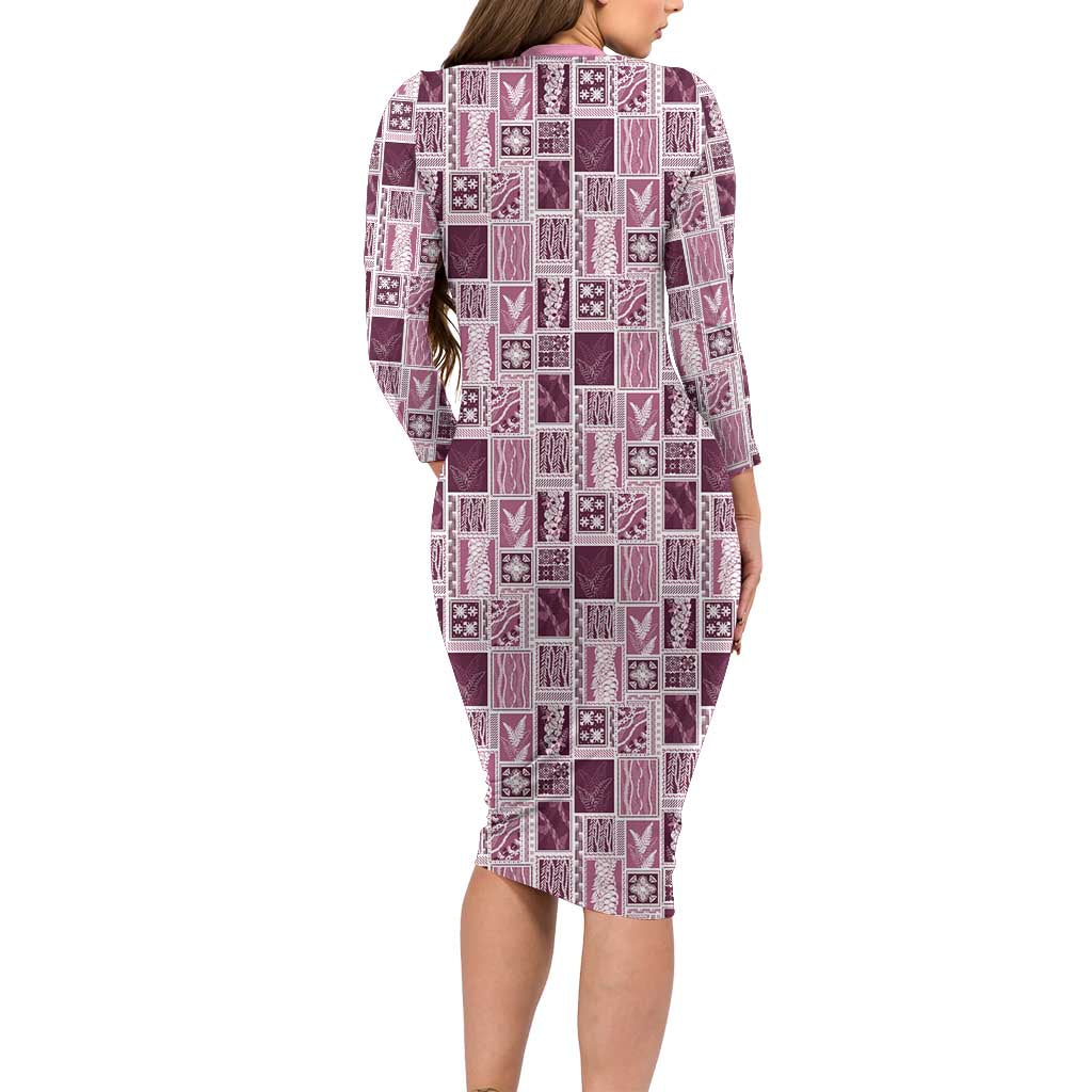 Vintage Aloha Block Quilt Family Matching Long Sleeve Bodycon Dress and Hawaiian Shirt Pink Inspired Lei Motifs - Polynesian Pride