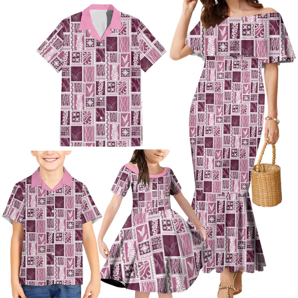 Vintage Aloha Block Quilt Family Matching Mermaid Dress and Hawaiian Shirt Pink Inspired Lei Motifs - Polynesian Pride