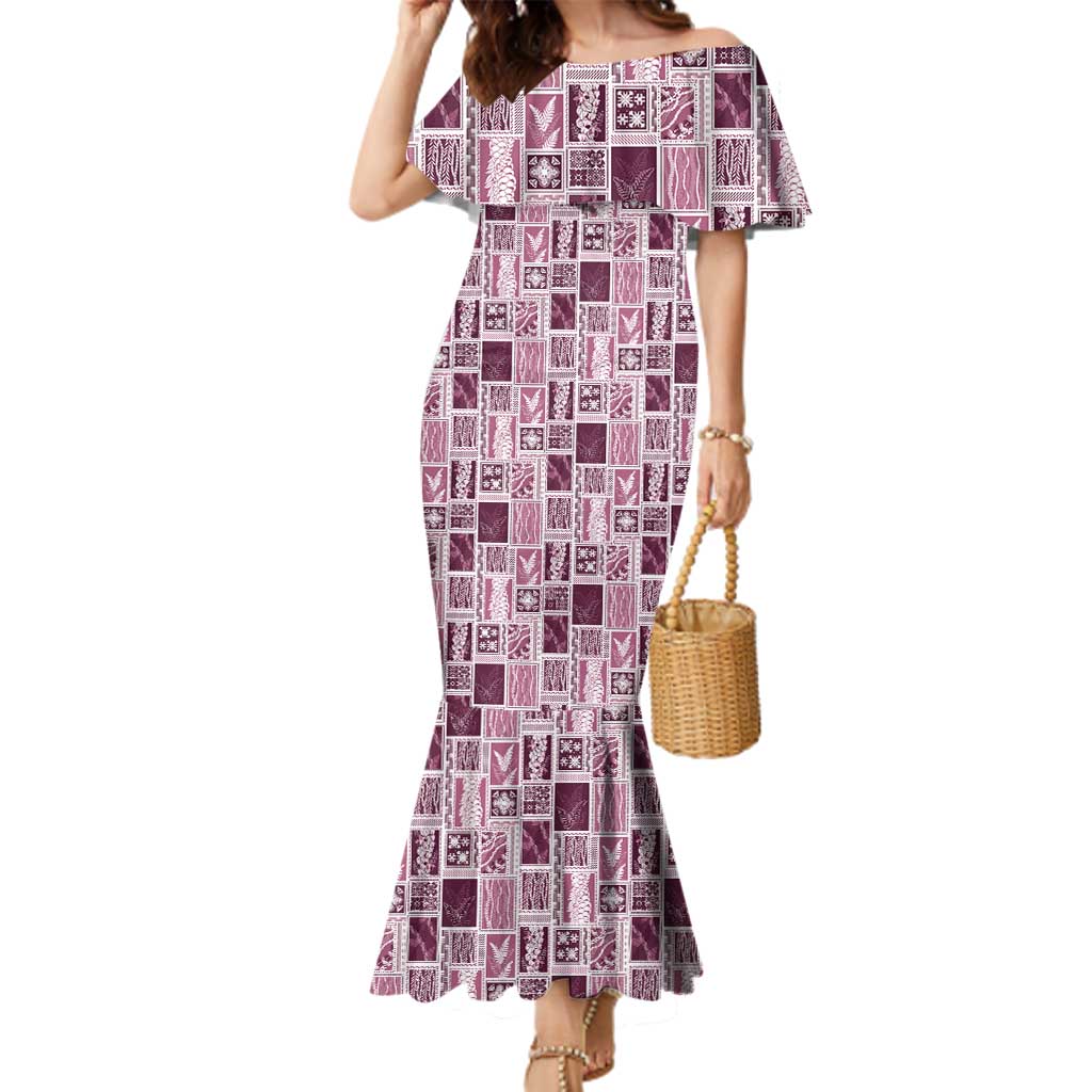Vintage Aloha Block Quilt Family Matching Mermaid Dress and Hawaiian Shirt Pink Inspired Lei Motifs - Polynesian Pride