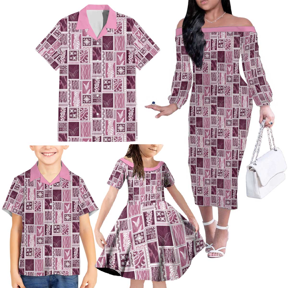 Vintage Aloha Block Quilt Family Matching Off The Shoulder Long Sleeve Dress and Hawaiian Shirt Pink Inspired Lei Motifs - Polynesian Pride