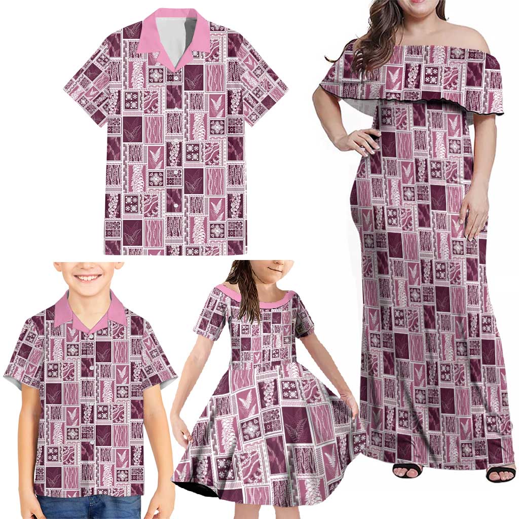 Vintage Aloha Block Quilt Family Matching Off Shoulder Maxi Dress and Hawaiian Shirt Pink Inspired Lei Motifs - Polynesian Pride