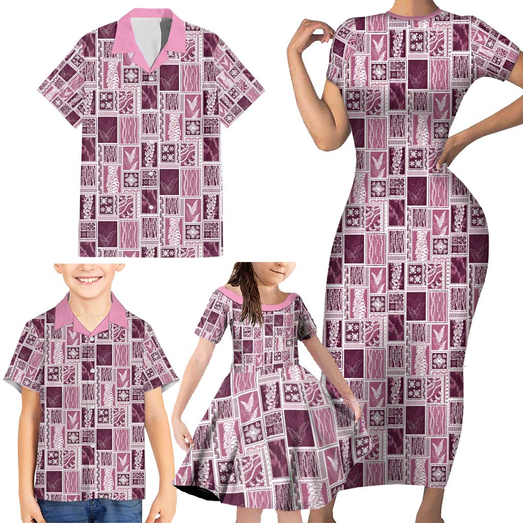 Vintage Aloha Block Quilt Family Matching Short Sleeve Bodycon Dress and Hawaiian Shirt Pink Inspired Lei Motifs - Polynesian Pride