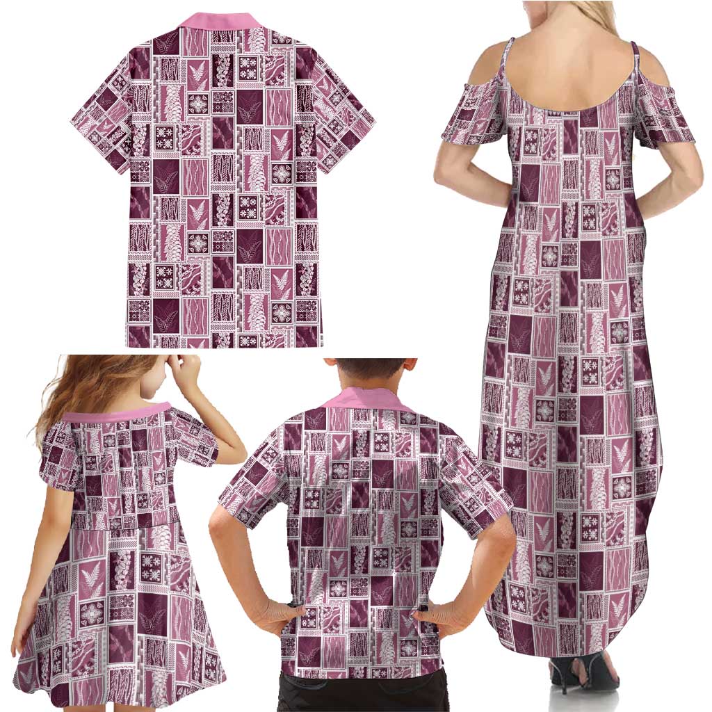 Vintage Aloha Block Quilt Family Matching Summer Maxi Dress and Hawaiian Shirt Pink Inspired Lei Motifs - Polynesian Pride