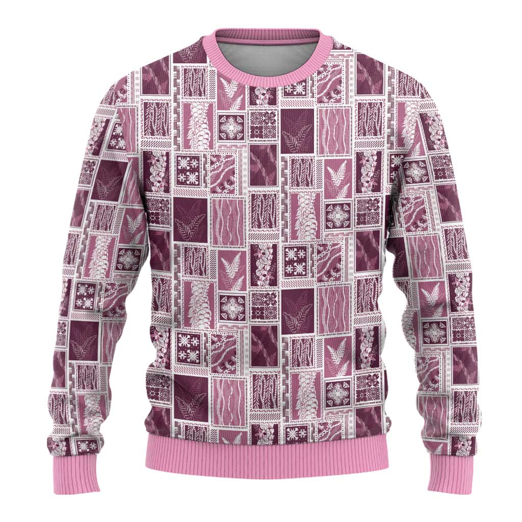 Vintage Aloha Block Quilt Ugly Christmas Sweater Pink Inspired Lei Motifs - Polynesian Pride