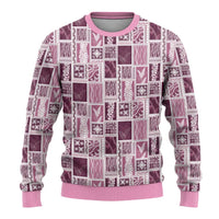 Vintage Aloha Block Quilt Ugly Christmas Sweater Pink Inspired Lei Motifs - Polynesian Pride