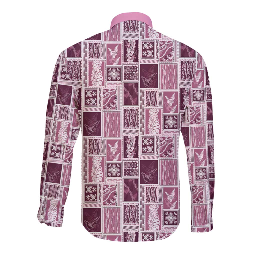 Vintage Aloha Block Quilt Long Sleeve Button Shirt Pink Inspired Lei Motifs - Polynesian Pride