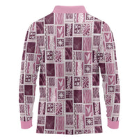 Vintage Aloha Block Quilt Long Sleeve Polo Shirt Pink Inspired Lei Motifs - Polynesian Pride