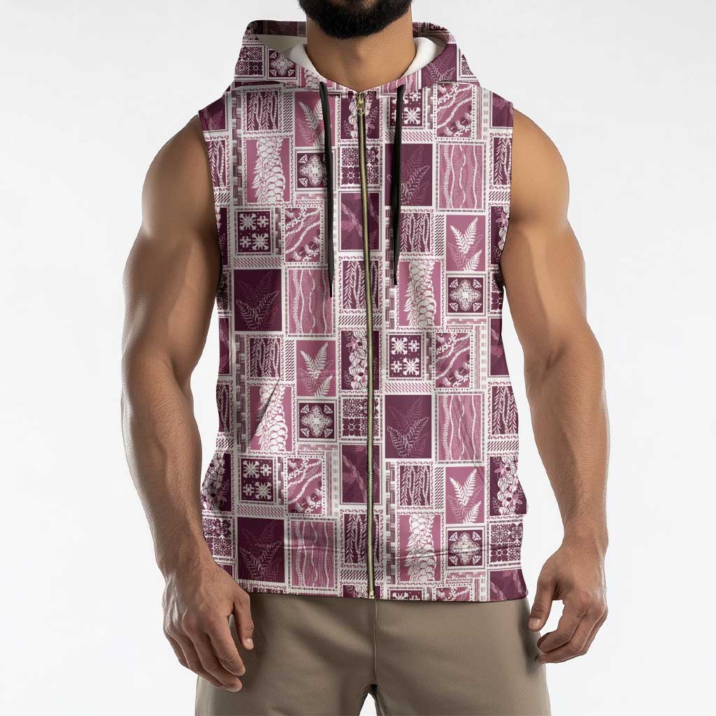 Vintage Aloha Block Quilt Sleeveless Zip Hoodie Pink Inspired Lei Motifs - Polynesian Pride