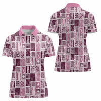 Vintage Aloha Block Quilt Women Polo Shirt Pink Inspired Lei Motifs - Polynesian Pride