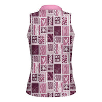 Vintage Aloha Block Quilt Women Sleeveless Polo Shirt Pink Inspired Lei Motifs - Polynesian Pride