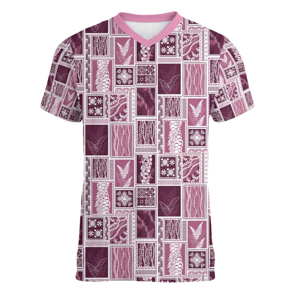 Vintage Aloha Block Quilt Women V-Neck T-Shirt Pink Inspired Lei Motifs - Polynesian Pride