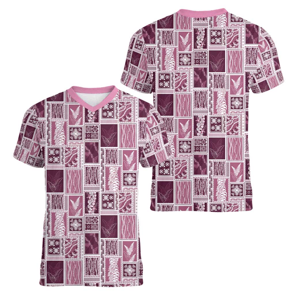 Vintage Aloha Block Quilt Women V-Neck T-Shirt Pink Inspired Lei Motifs - Polynesian Pride