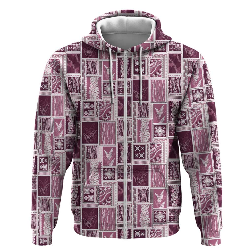 Vintage Aloha Block Quilt Zip Hoodie Pink Inspired Lei Motifs - Polynesian Pride