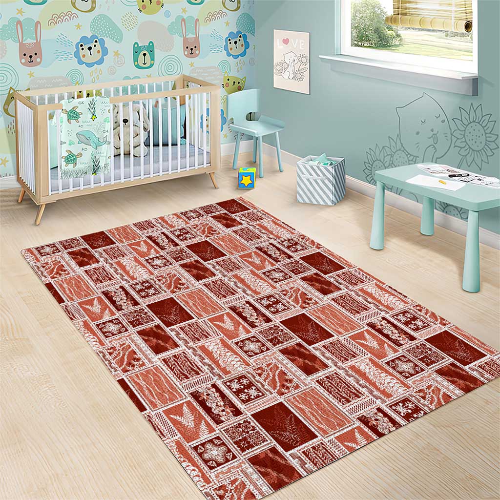 Vintage Aloha Block Quilt Area Rug Red Inspired Lei Motifs - Polynesian Pride