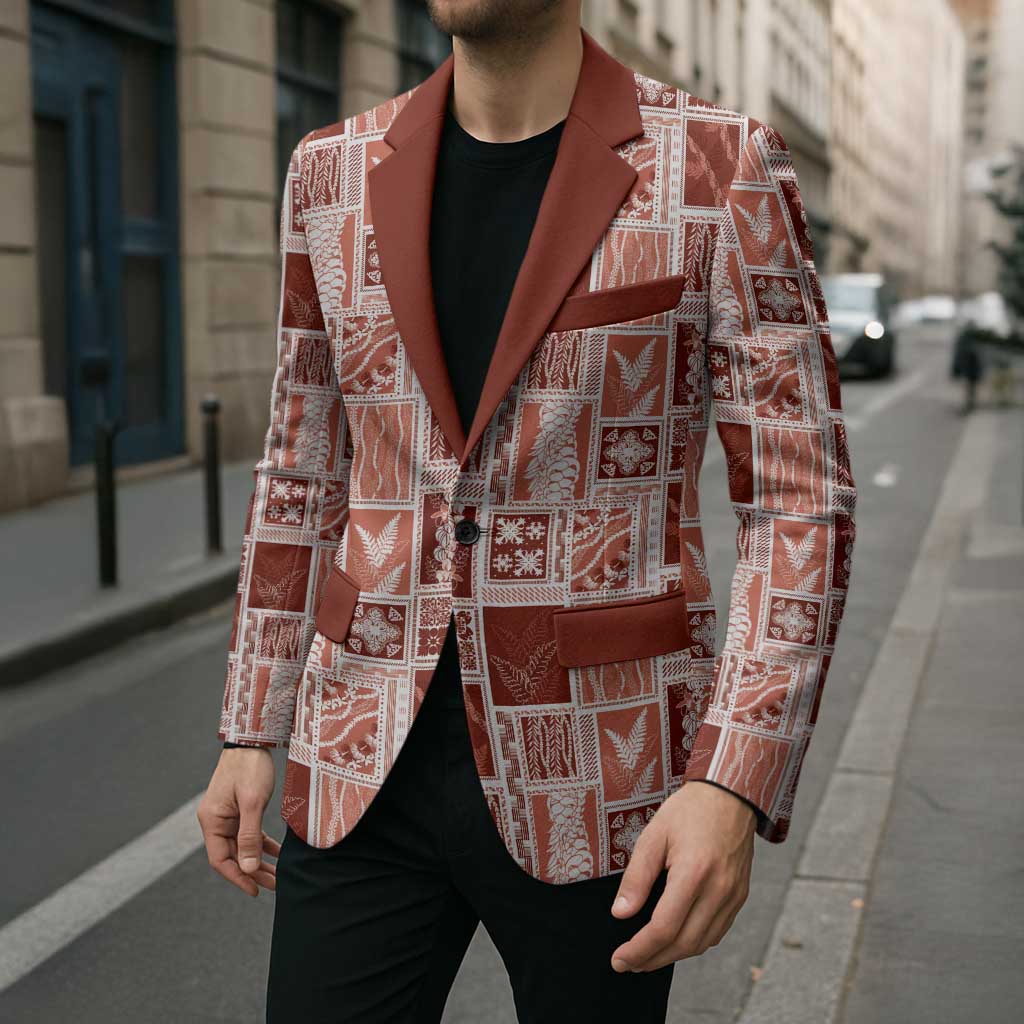 Vintage Aloha Block Quilt Blazer Red Inspired Lei Motifs - Polynesian Pride