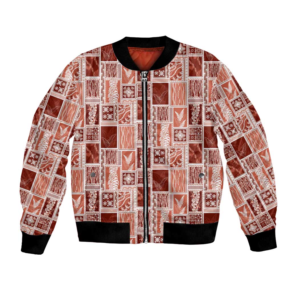 Vintage Aloha Block Quilt Bomber Jacket Red Inspired Lei Motifs - Polynesian Pride