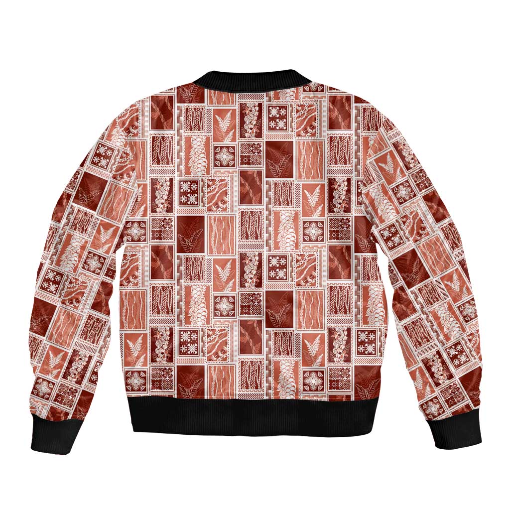 Vintage Aloha Block Quilt Bomber Jacket Red Inspired Lei Motifs - Polynesian Pride