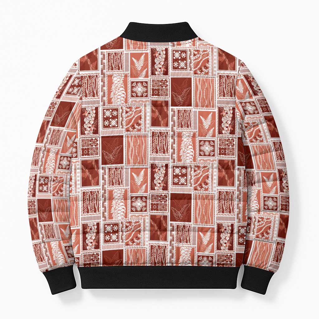 Vintage Aloha Block Quilt Bomber Puffer Jacket Red Inspired Lei Motifs - Polynesian Pride