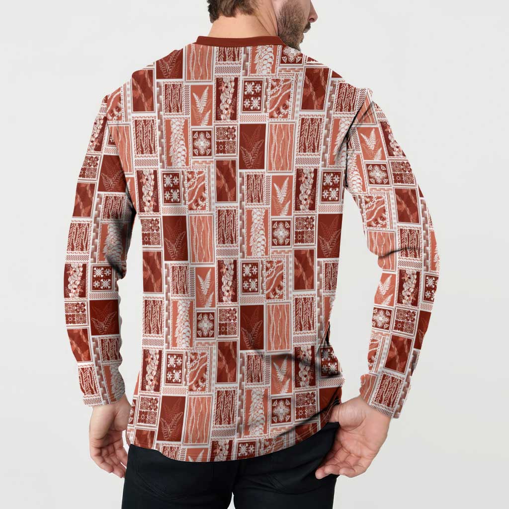 Vintage Aloha Block Quilt Button Sweatshirt Red Inspired Lei Motifs - Polynesian Pride