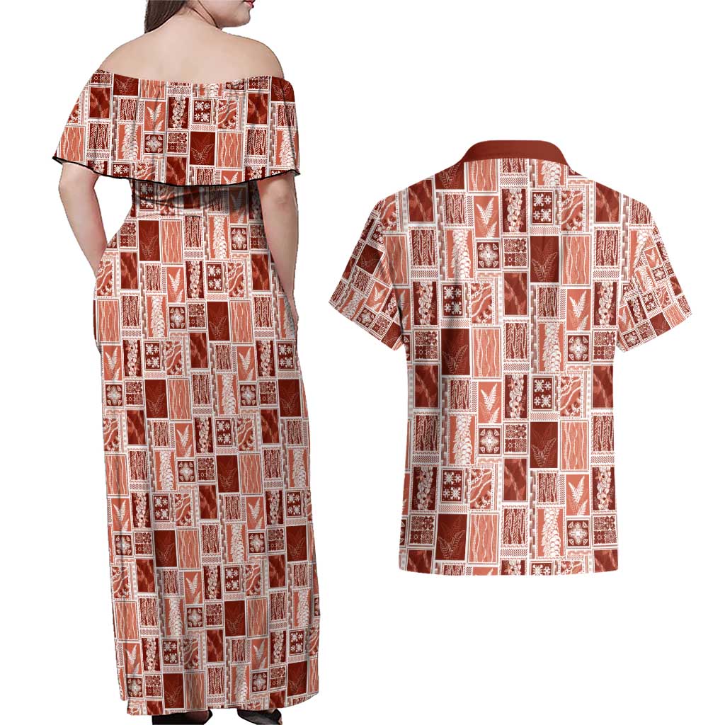 Vintage Aloha Block Quilt Couples Matching Off Shoulder Maxi Dress and Hawaiian Shirt Red Inspired Lei Motifs - Polynesian Pride