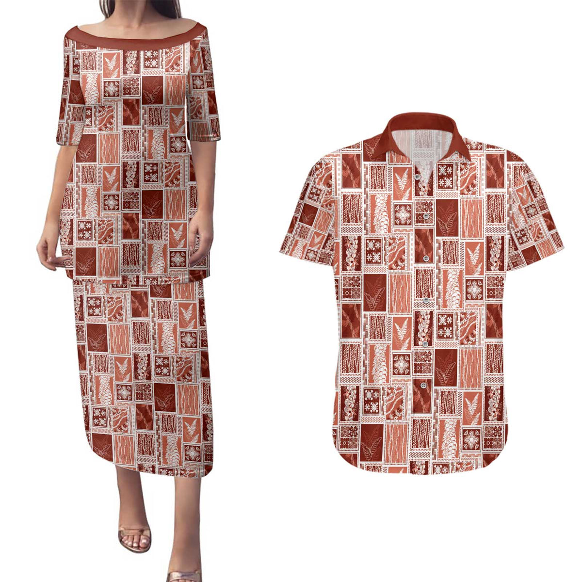 Vintage Aloha Block Quilt Couples Matching Puletasi and Hawaiian Shirt Red Inspired Lei Motifs - Polynesian Pride