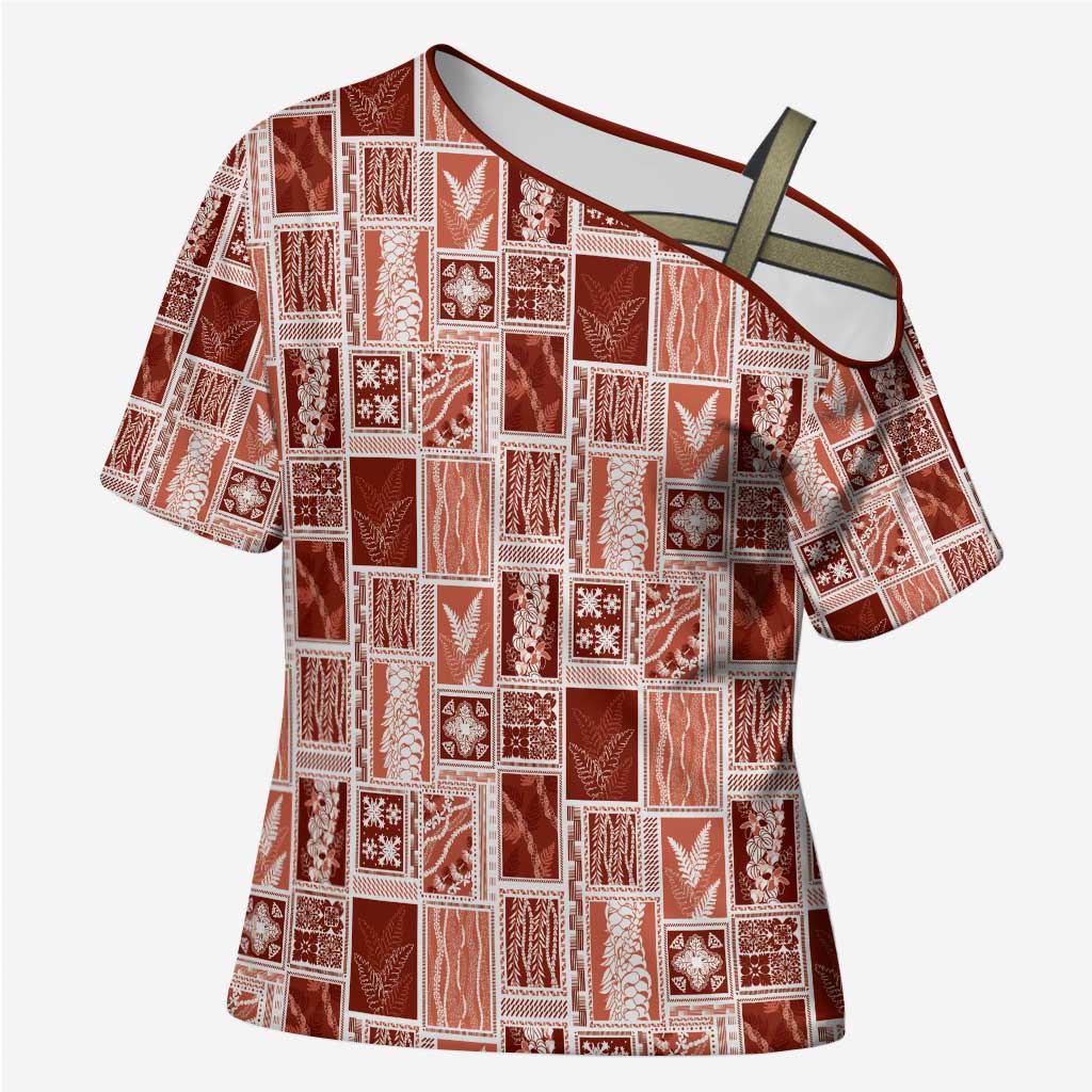 Vintage Aloha Block Quilt Cross Shoulder Shirt Red Inspired Lei Motifs - Polynesian Pride