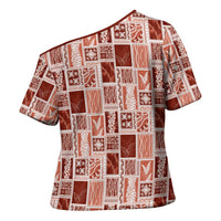 Vintage Aloha Block Quilt Cross Shoulder Shirt Red Inspired Lei Motifs - Polynesian Pride