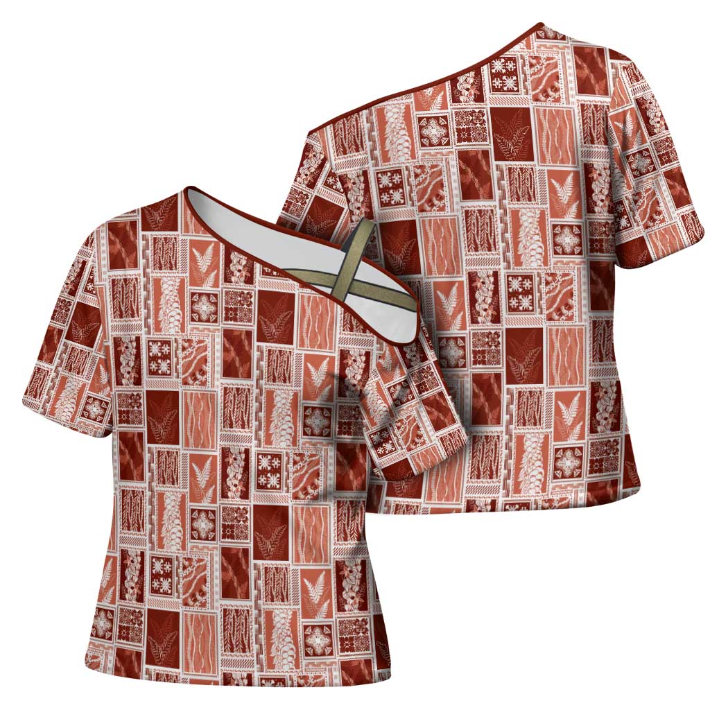 Vintage Aloha Block Quilt Cross Shoulder Shirt Red Inspired Lei Motifs - Polynesian Pride